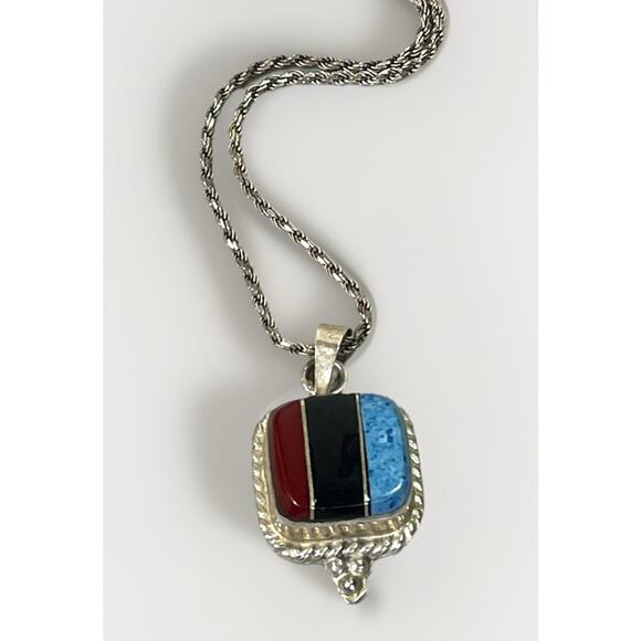 Vintage Taxco Sterling Silver Inlay Pendant Necklace – Coral Onyx Turquoise- 27” - Picture 4 of 16